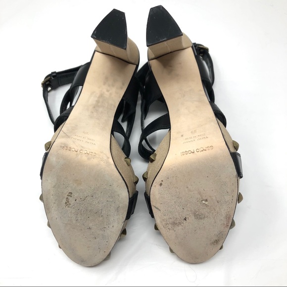 SERGIO ROSSI black leather & fabric, ankle wrap sandals, size 39, made in Italy - Picture 13 of 15